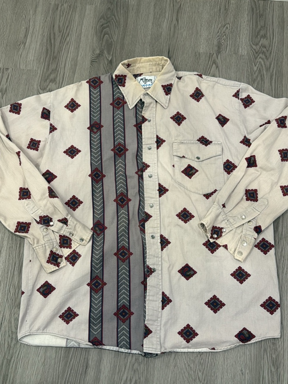 Roper Beige Button-Down Shirt with Red and Black Aztec Motif